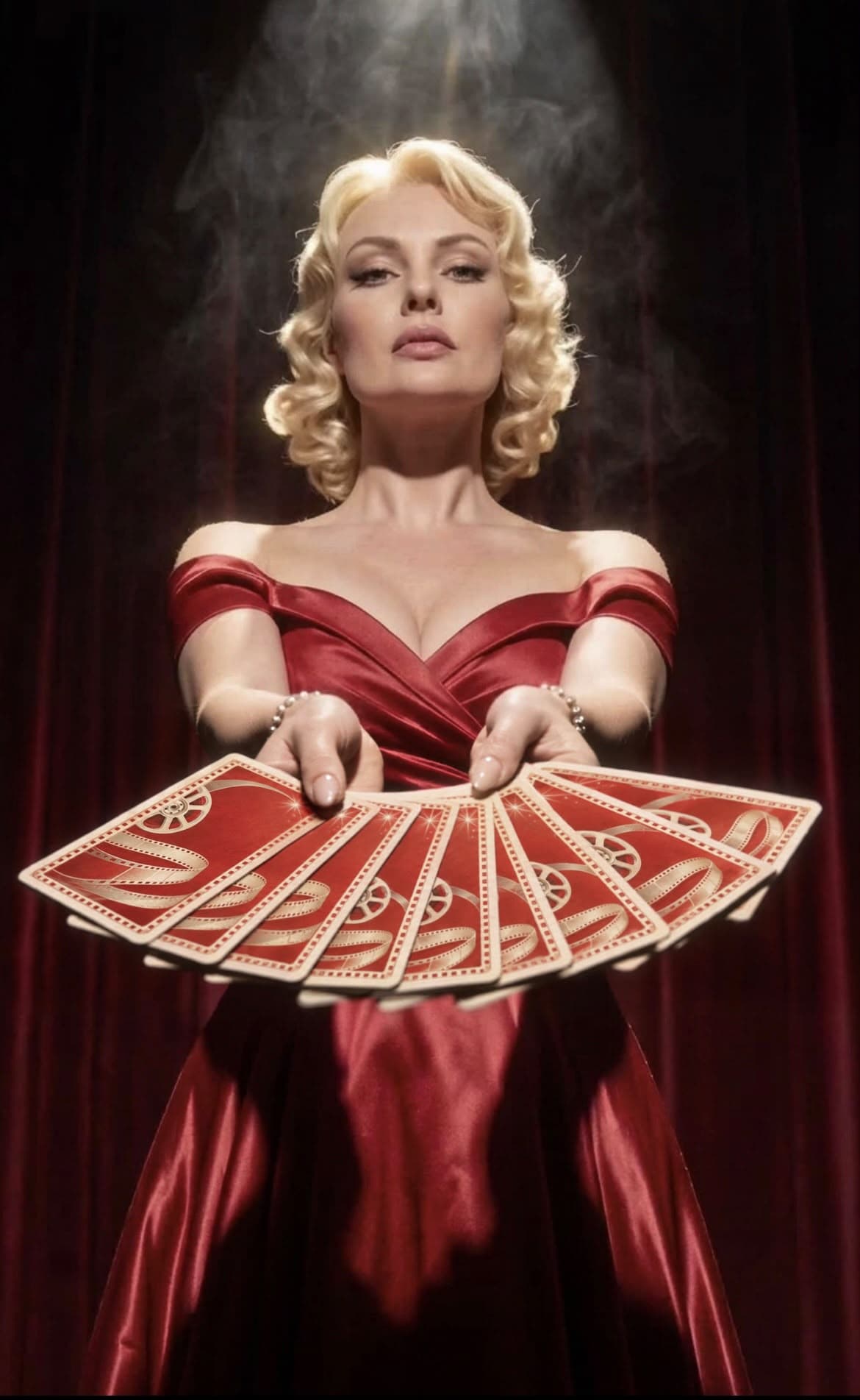 Anna Bee holding a fan of tarot cards